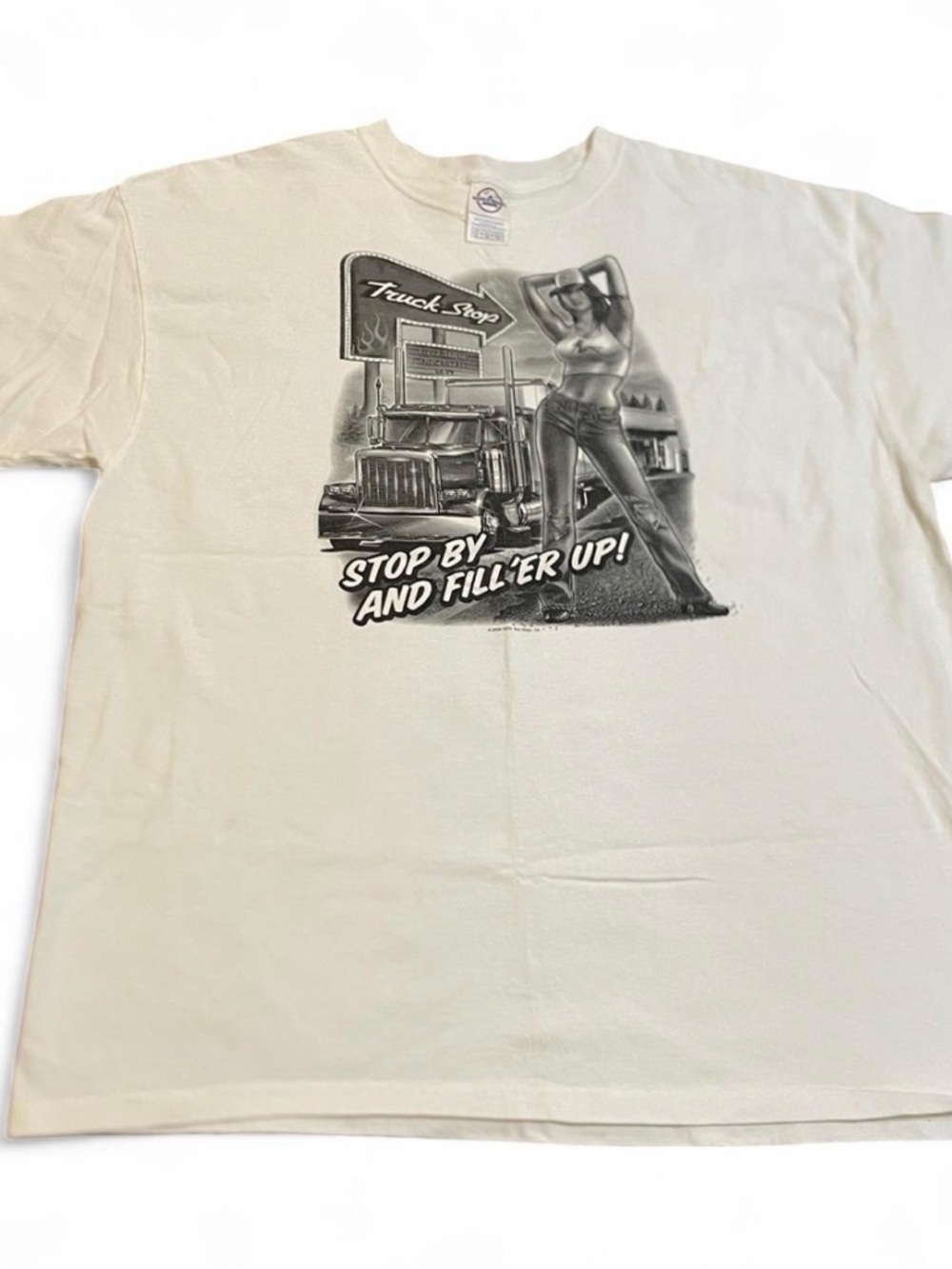 Men’s Y2K White Truck Stop “Stop By And Fill’er Up” W Girl Graphic Shirt Size M